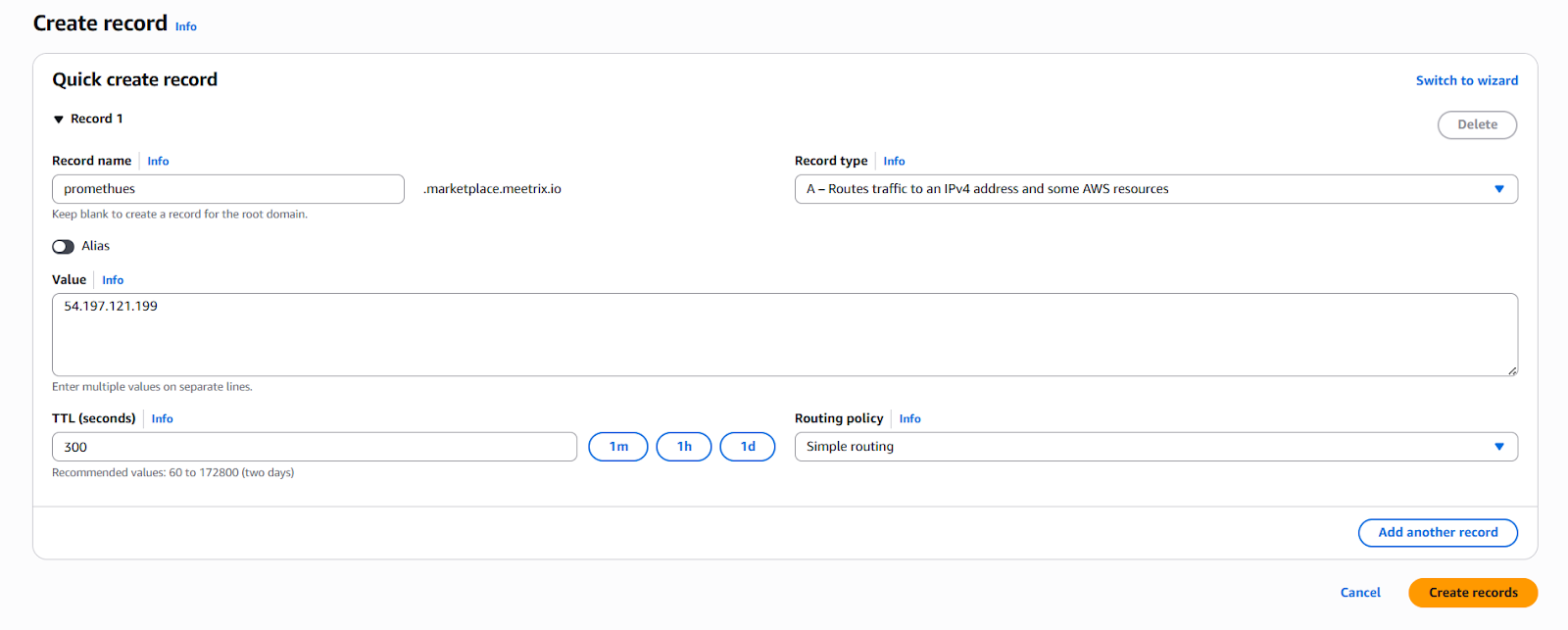 Route 53 Quick create record adding a prometheus A record pointing to the TimescaleDB instance IP address