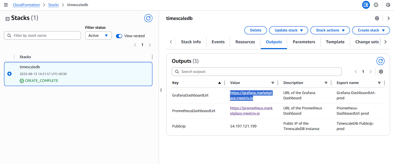 TimescaleDB CloudFormation stack Outputs tab with the GrafanaDashboardUrl link selected
