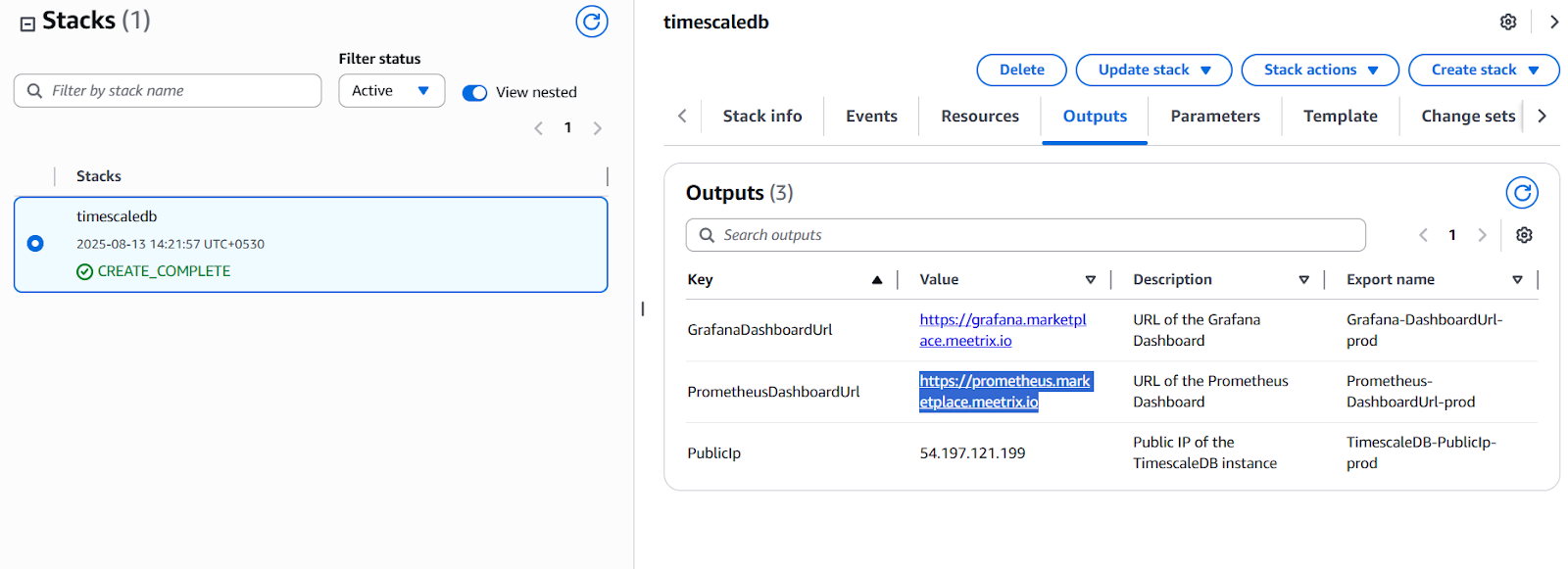 TimescaleDB CloudFormation stack Outputs tab with the PrometheusDashboardUrl link selected