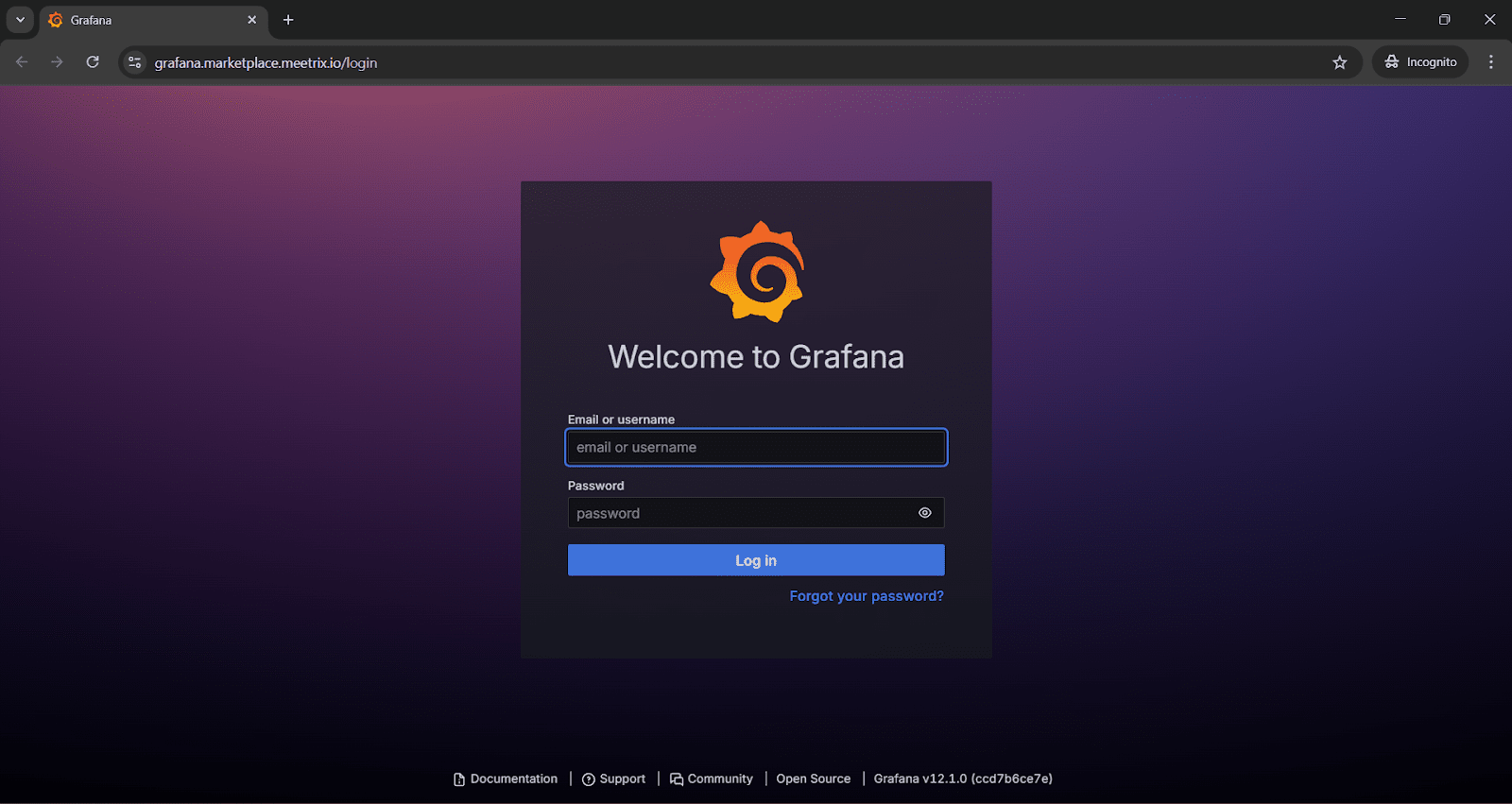 Grafana login page served from the TimescaleDB deployment, asking for email or username and password