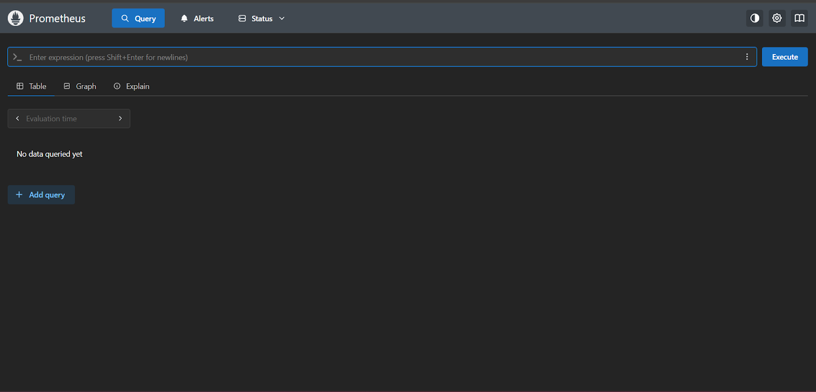 Prometheus query page served from the TimescaleDB deployment, with an empty expression bar and no data queried yet