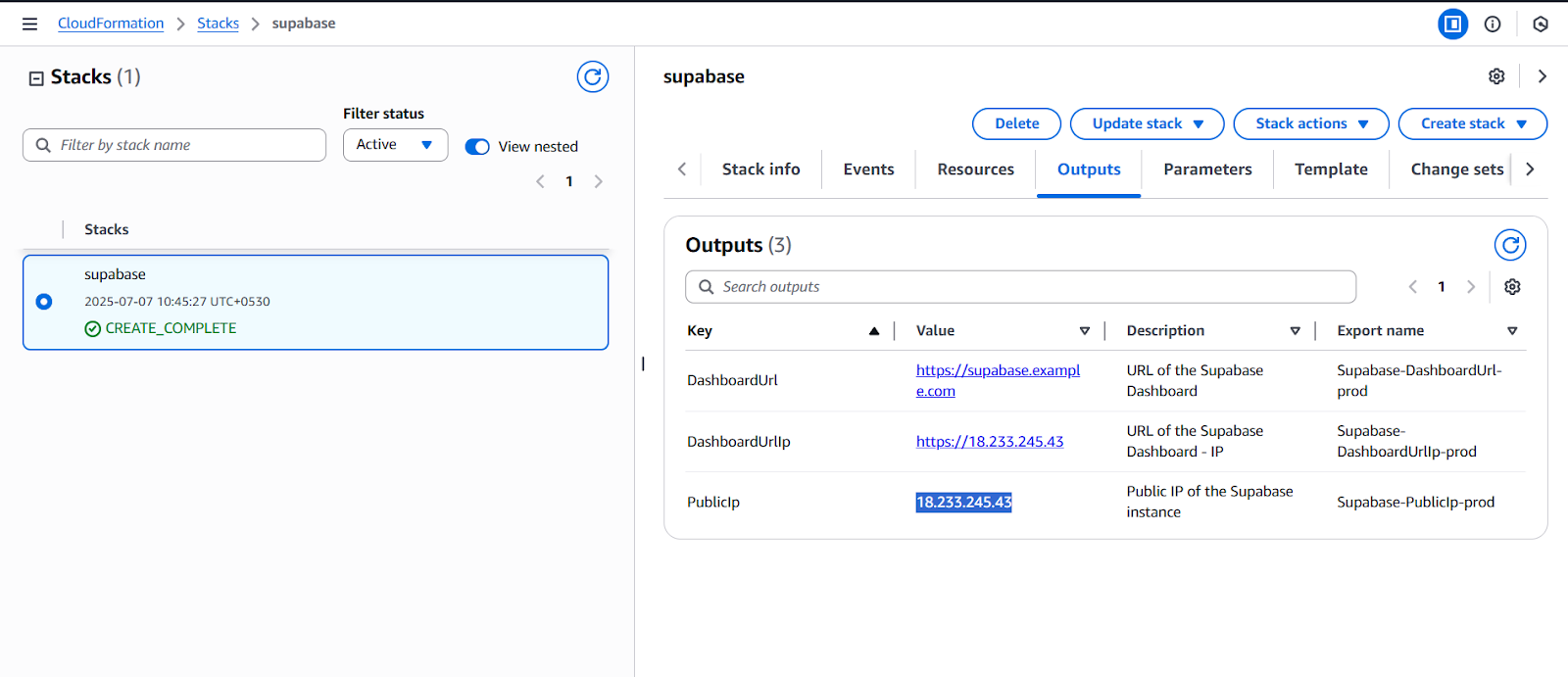 AWS CloudFormation stack Outputs tab with the PublicIp value highlighted, ready to copy for SSH access