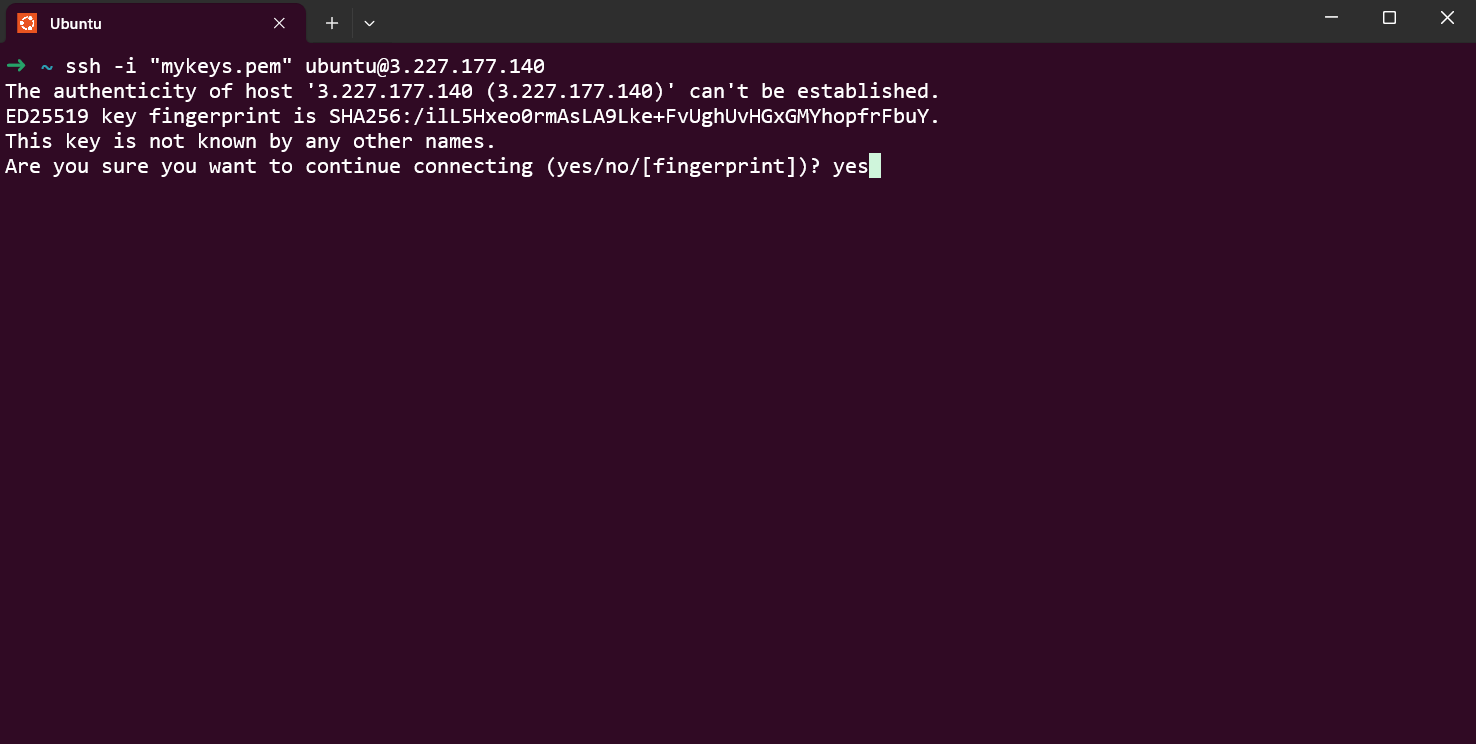 Terminal SSH connection to the TimescaleDB server with a PEM key, typing yes at the host authenticity prompt