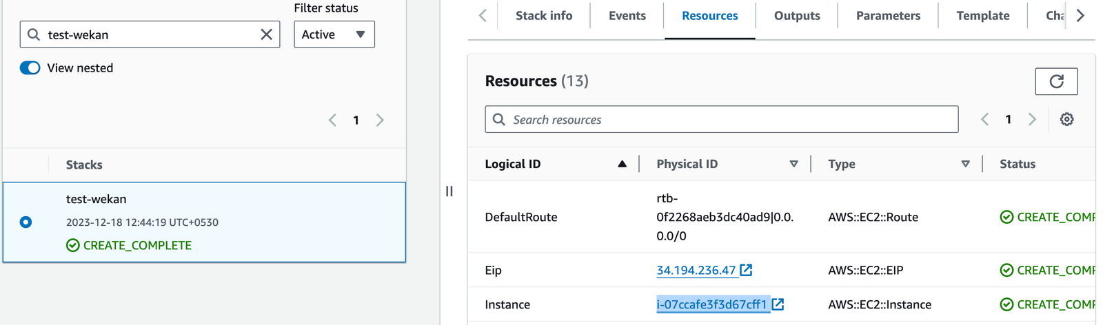Resources tab showing the Wekan EC2 instance link