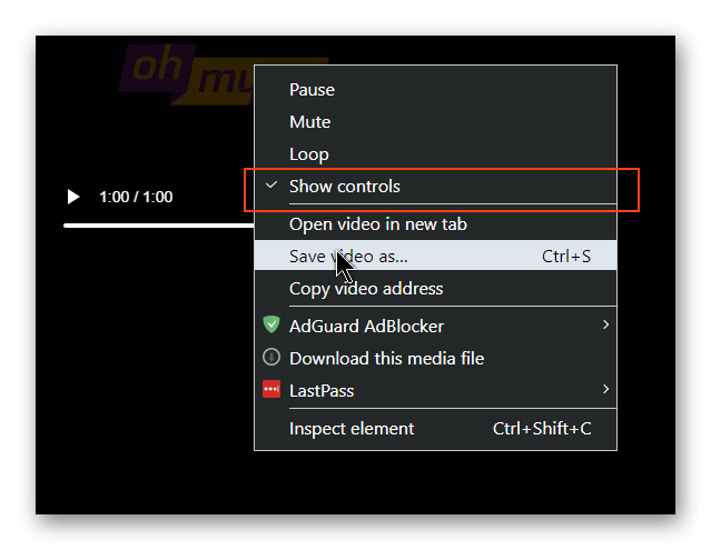 Chrome context menu on a video element showing Show controls, Loop and Save video as options